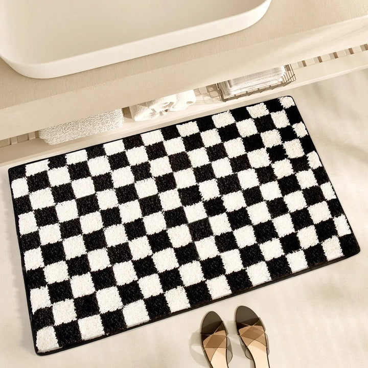 Black and White Grid Bathroom Absorbent Non-Slip Mat