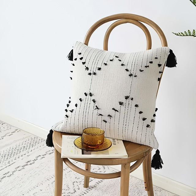 White and Black Geometric Cushion Cover with Tassels