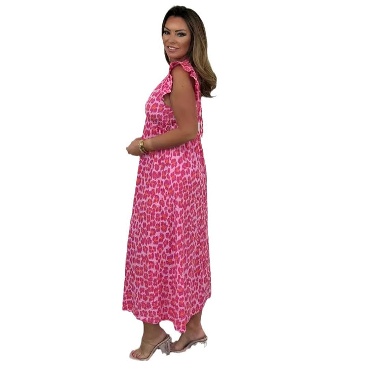 Women's Temperament Printed Waist-tight Pink Leopard Print Dress