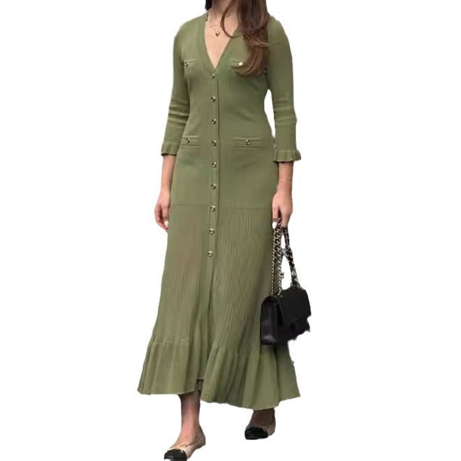 French Style Elegant V-neck Ruffle Sleeve Mid-length Knitted Dress Women