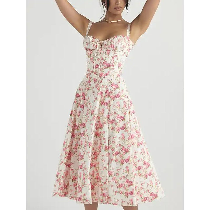 Floral Print Camisole Midi Dress with Lace-Up Detail
