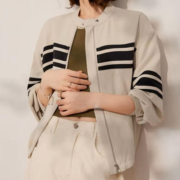 Spring Women's Loose Fit Striped Jacket with Contrast Colors