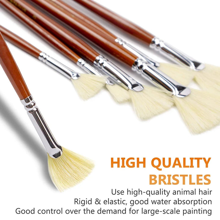 7-Piece Natural Hog Bristle Fan Brush Set for Acrylic, Watercolor, and Oil Painting