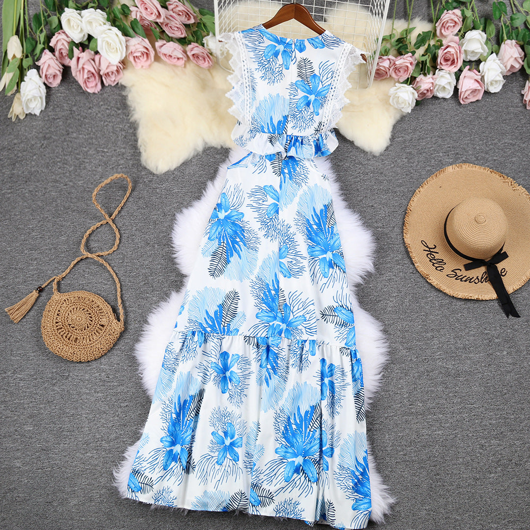 Blue Printed Deep V-neck Backless Hollow-out Midriff Dress