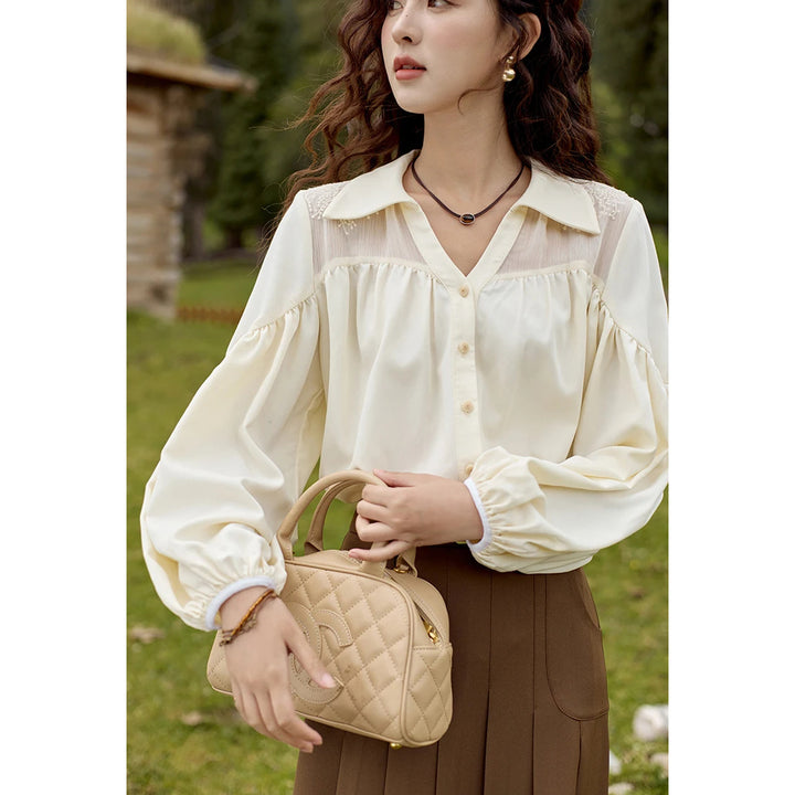 Bubble Sleeve V Neck Chiffon Embroidery Shirt for Women