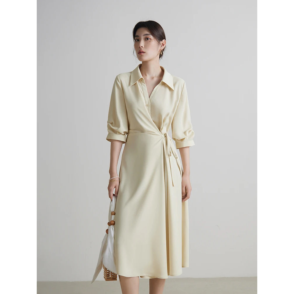 Elegant Women’s Drape Dress with Turn-down Collar