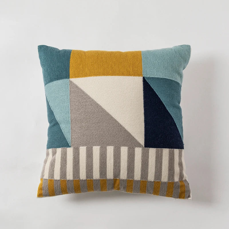 45x45in Geometric Embroidered Cotton Cushion Cover - Blue, Yellow, Grey Abstract Design