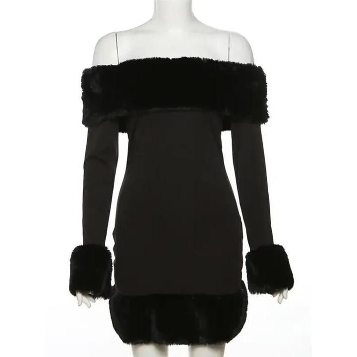 Elegant Off-Shoulder Fur-Trimmed Bodycon Mini Dress