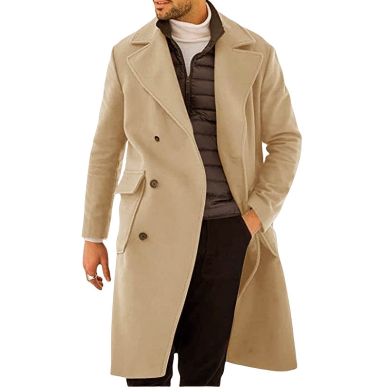 Woolen Men's Coat Thickened Long Section Double Breasted Coat