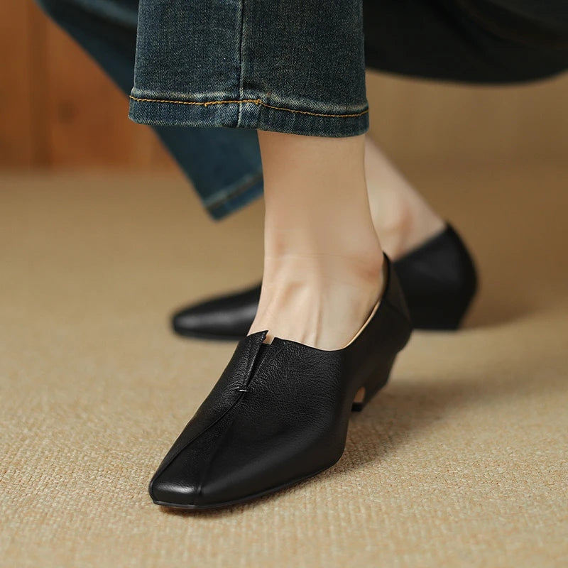 Soft Genuine Leather Women’s Low Heel Square Toe Shoes