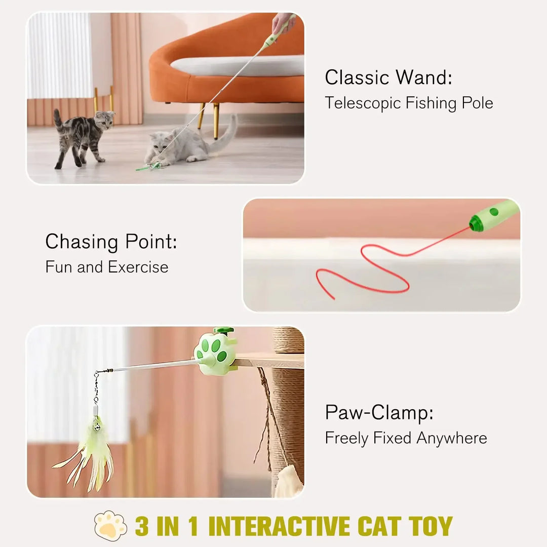 Interactive Retractable Cat Toy with Laser, Feather Teaser, and Telescopic Wand for Cats