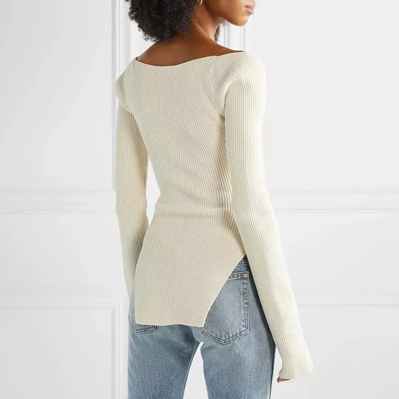 Elegant White Side Split Knit Sweater with Square Collar