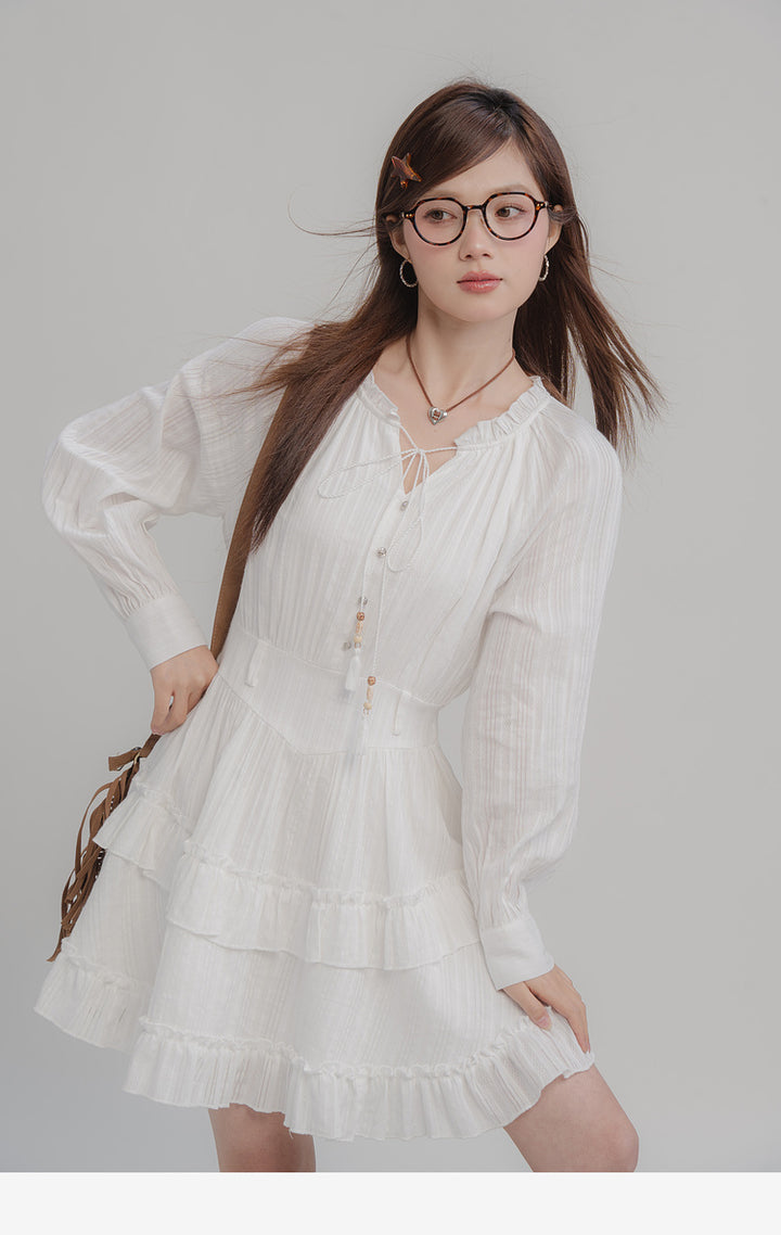 Women's Fashion White Tassel Tied Dress