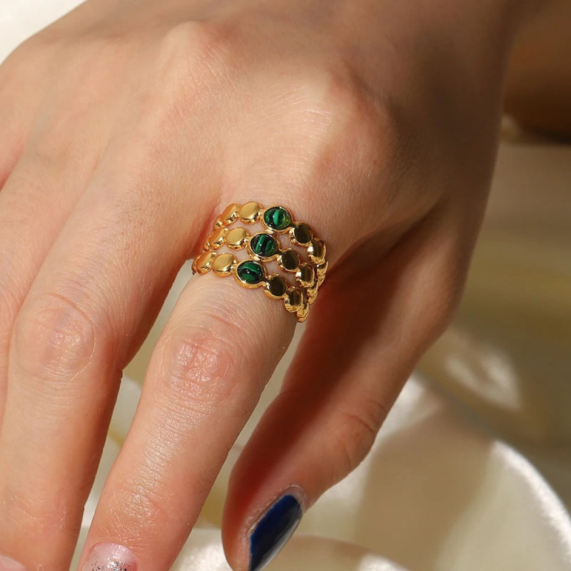 18K Gold Plated Green Malachite Triple Layer Adjustable Ring