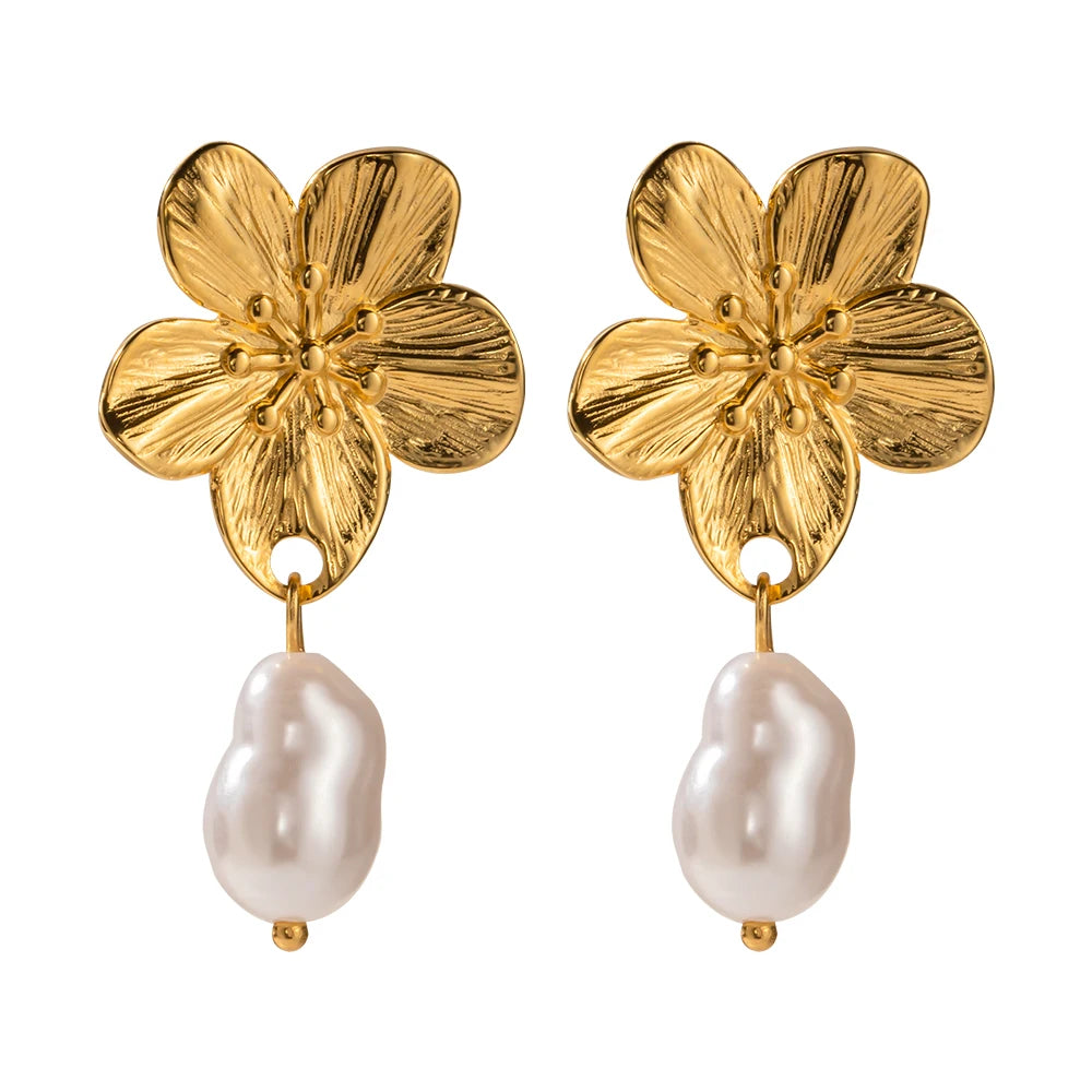 Luxury 18K Gold-Plated Stainless Steel Floral Pearl Drop Earrings