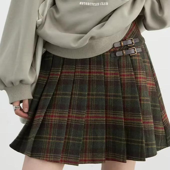 High Waist Wool Plaid A-line Pleated Skirt for Spring and Autumn