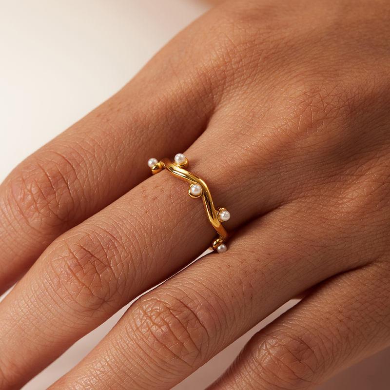 18K Gold Plated Irregular Water Wave Pearl Leaf Branch Stacking Rings