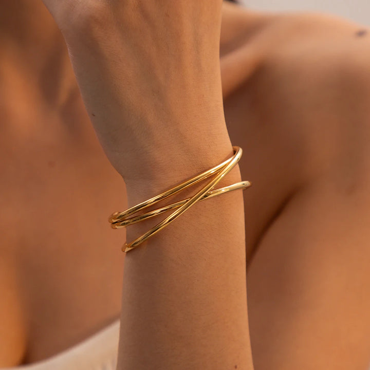 18K Gold Plated Stainless Steel Multi-Layer Cuff Bracelet