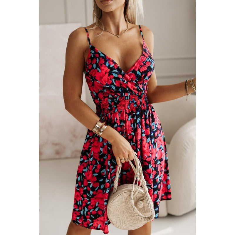 Fashion Flowers Print Suspender Dress Summer V-Neck Pleated Short Dresses For Beach Womens Clothing