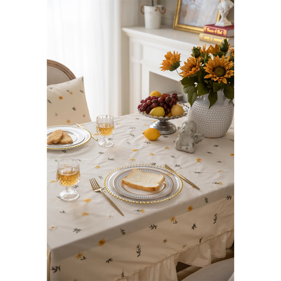 Elegant Cotton Apricot Embroidered Tablecloth with Lotus Leaf Edge