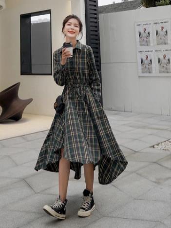 Long Temperament Long Sleeve Plaid Shirt Dress