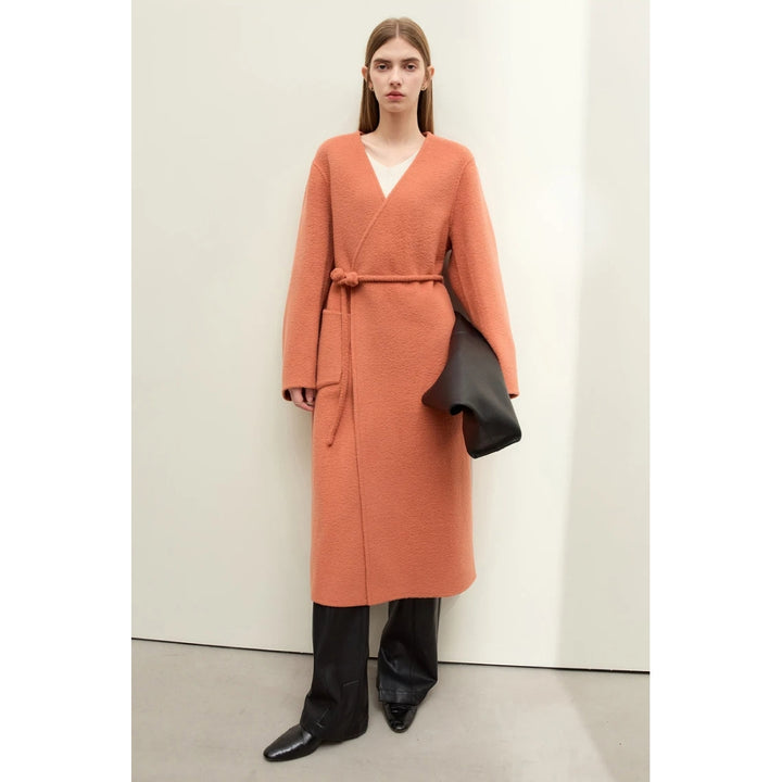 Elegant Autumn Woolen Coat with Chinese Buckle and Waist Rope