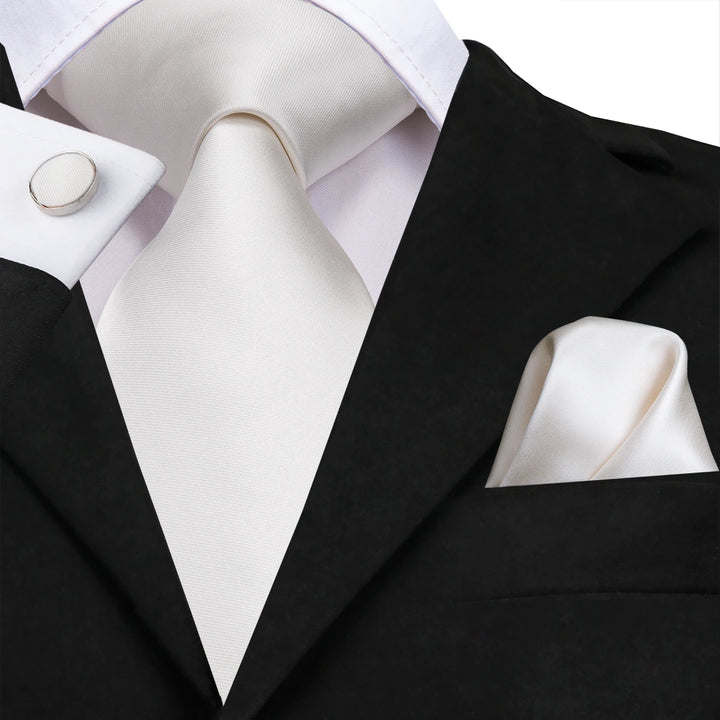 Classic White Silk Necktie Set with Pocket Square & Cufflinks