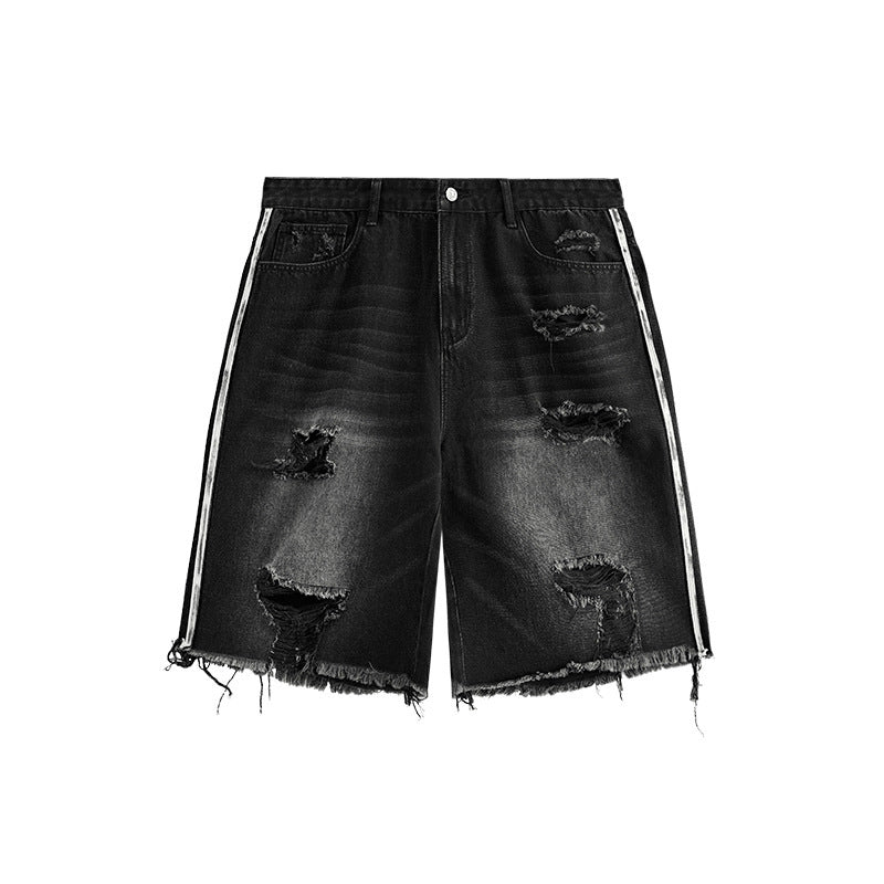 Summer Men's Hip Hop Side Stripe Ripped Denim Shorts