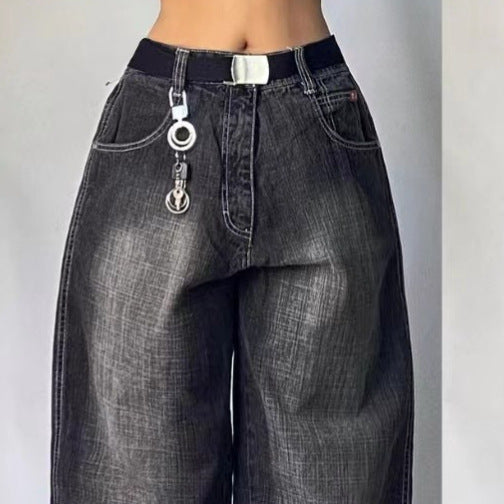 High Waist Retro Distressed Black Gray Wide-leg Jeans