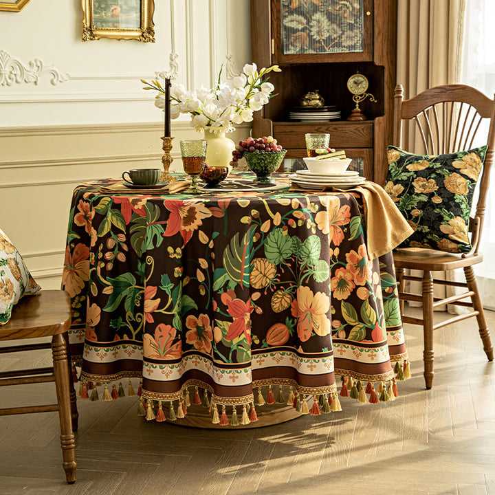 Luxury Tassel Tablecloth - Elegant Dark Brown Design