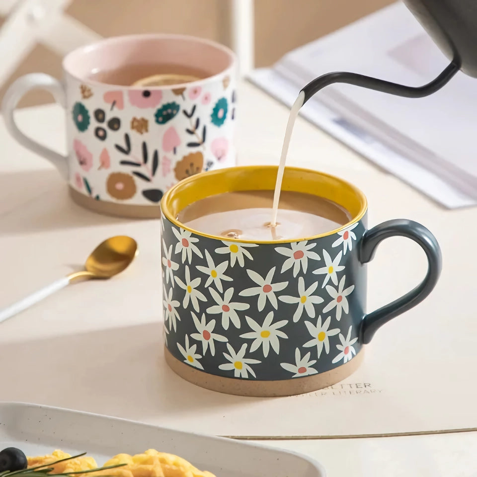 Nordic Painted Flowers Ceramic Mug – 400ml Coffee, Tea, and Breakfast Cup