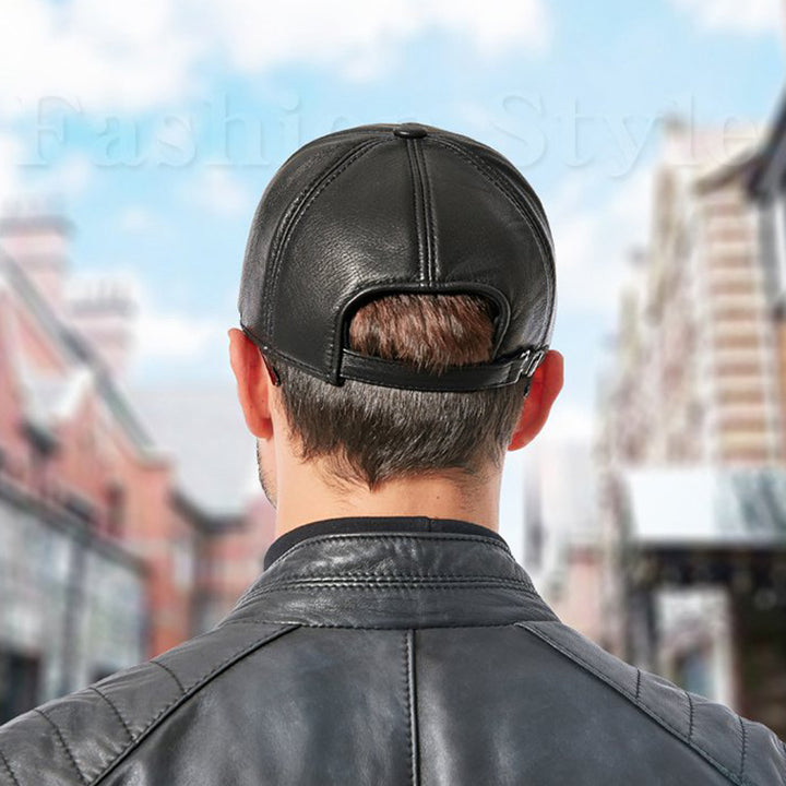 Men's Black Genuine Leather Baseball Cap