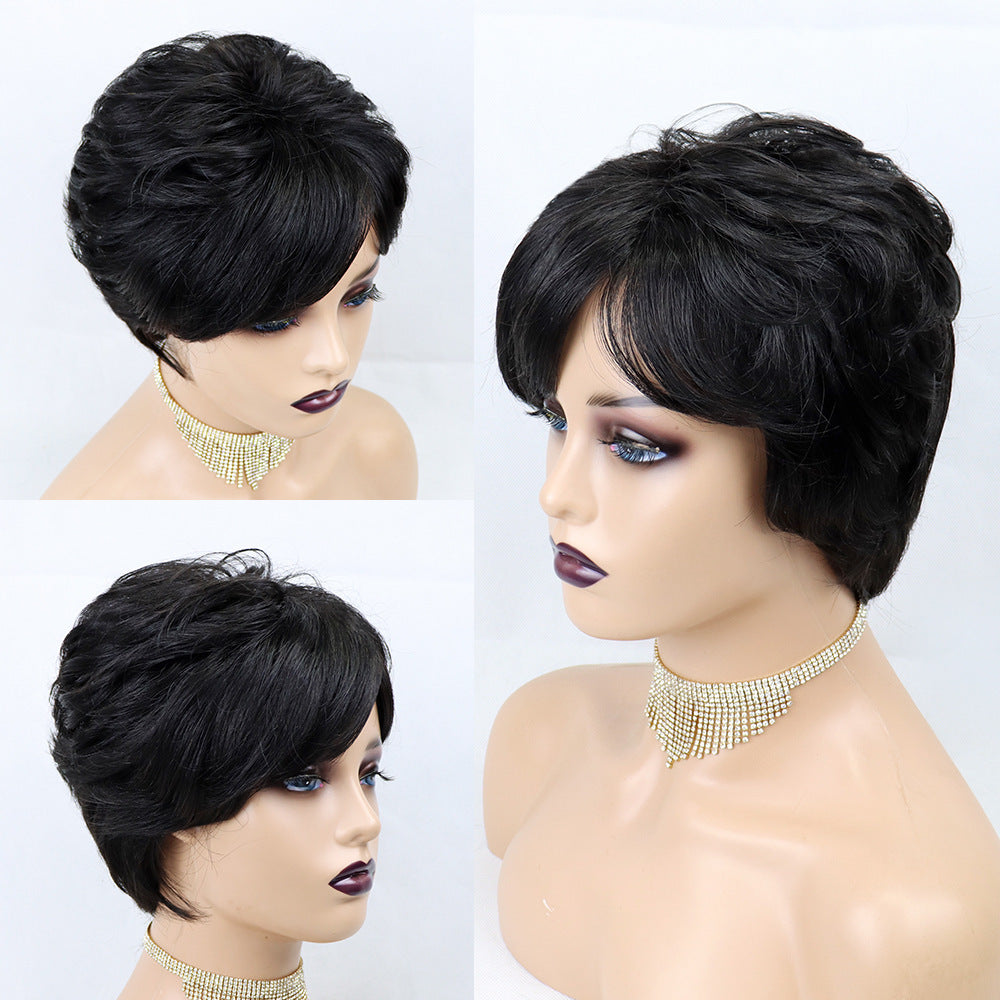 Short Wavy Pixie Cut Full Machine Made Human Hair Wigs