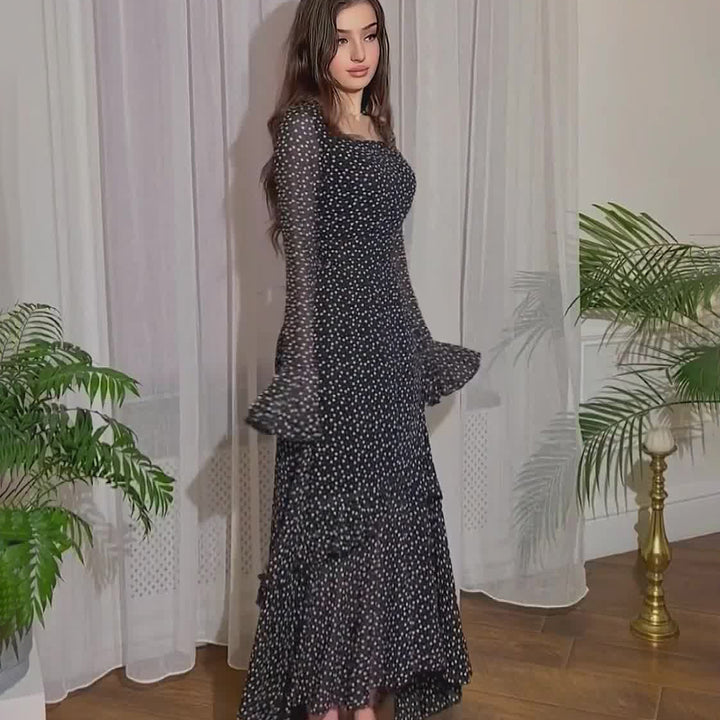 Chiffon Polka Dots Lotus Leaf Sleeve Stitching Irregular Dress