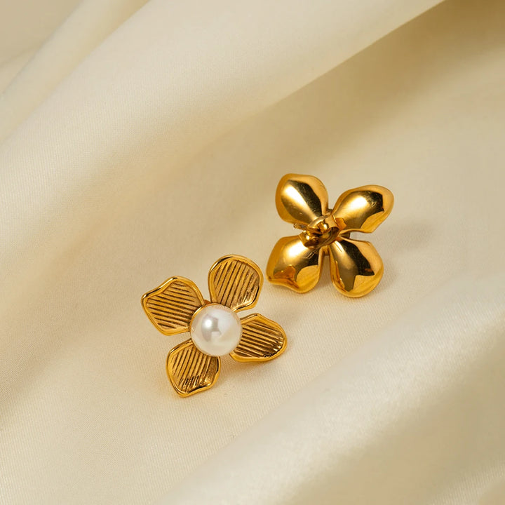 18K Gold Plated Stainless Steel Flower Earrings with Shell Beads