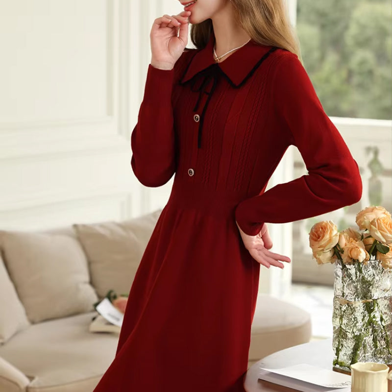 Elegant Vintage Red Long Sleeve Knitted Dress