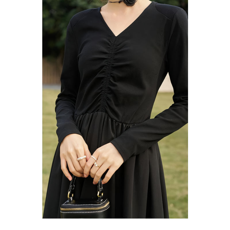 Elegant Black Knitted Smocked V-neck A-line Midi Dress