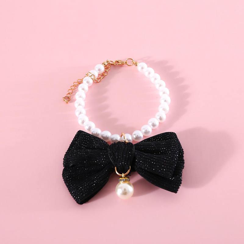 Elegant Pearl Cat & Small Dog Collar with Rhinestone Bow