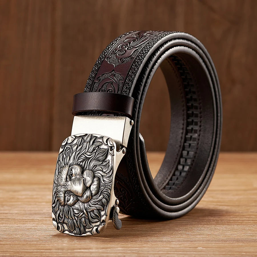 Men's 3.5CM Genuine Leather Belt with Lion Pattern & Automatic Buckle