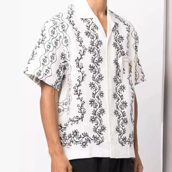 Vine Plant Printed Single-breasted Lapel Short Sleeve Shirt