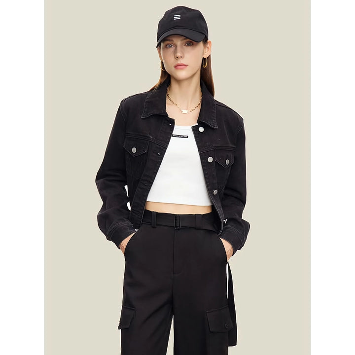 Chic Autumn Short Black Denim Jacket with Turn-down Collar