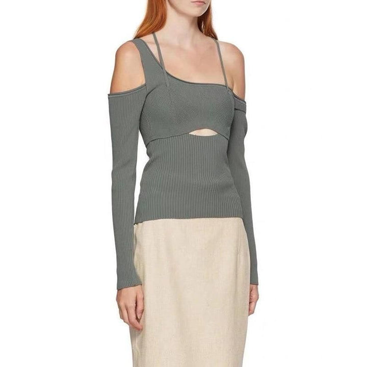 Asymmetrical Full-Sleeve Square Knit Elastic Backless Top
