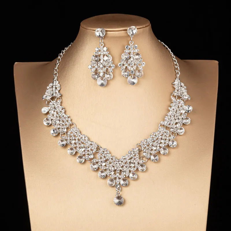 Luxury Crystal Bridal Jewelry Set - Silver Choker Necklace, Water Drop Earrings & Tiara