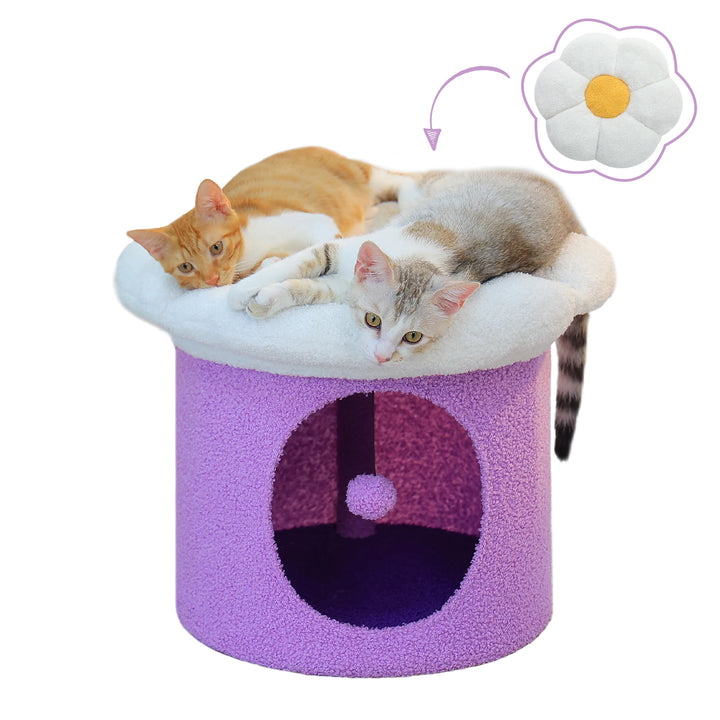 Cozy Flower Cat House with Pompom Ball - Double-Deck Cat Condo