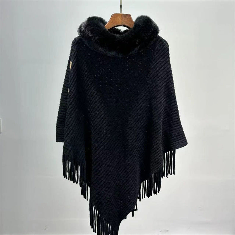 Fur Collar Shawl Knitted Lady Temperament Warm Thick Loose Tassle Fashion Atmosphere Cape