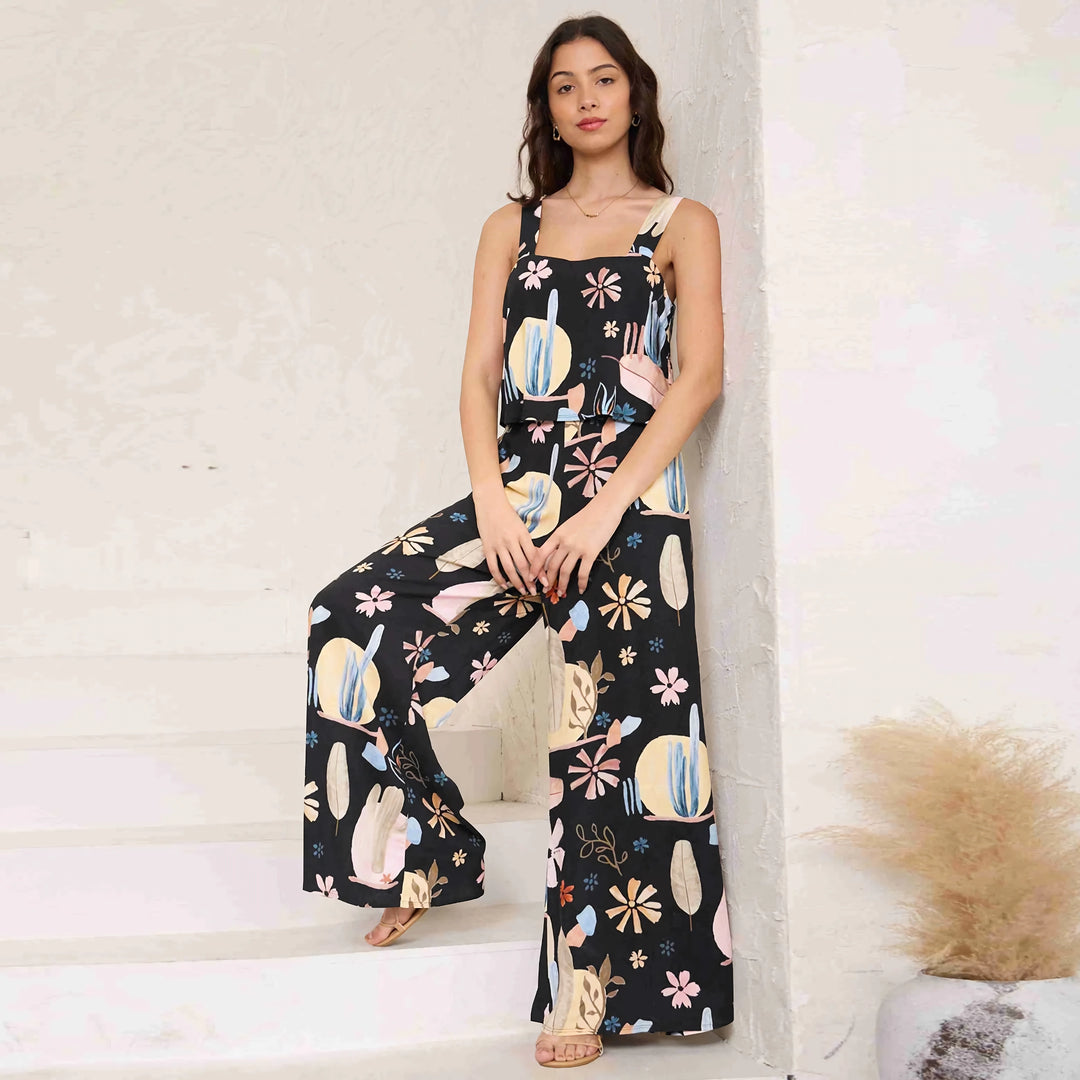 Chic Paisley Print Wide Leg Jumpsuit with Suspender Top Set - Women's Streetwear