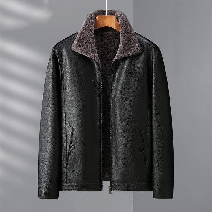 Fleece-lined Men's Leather Clothing With Stand Collar