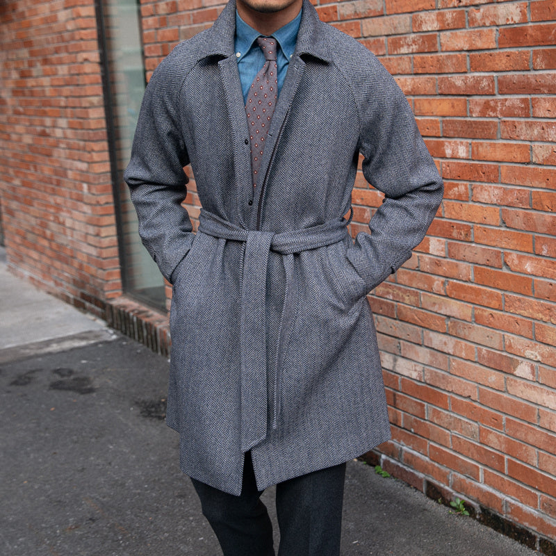 Men's Herringbone Wool Slim Fit Mid Length Coat