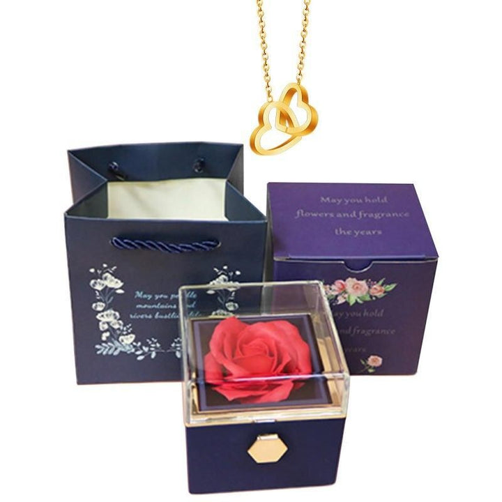 Elegant Stainless Steel Rotating Rose Box with Engraved Heart Necklace