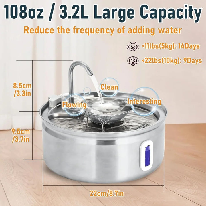 3.2L Stainless Steel Automatic Pet Water Fountain for Cats and Dogs